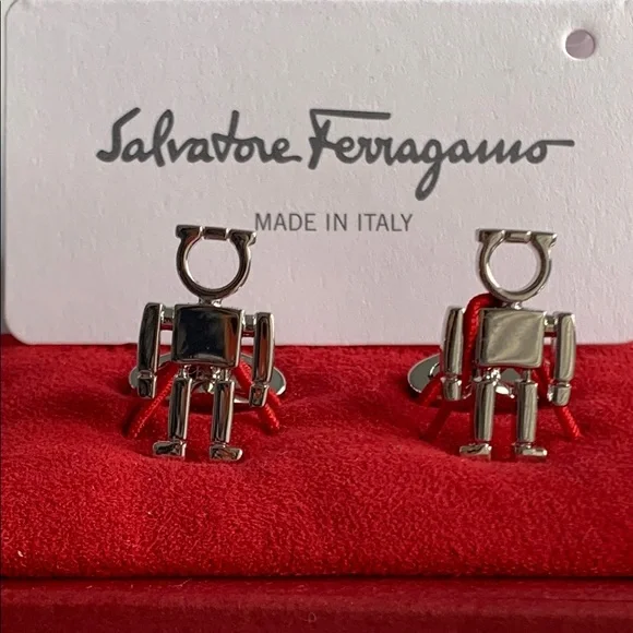 🔥🔥🔥🔥 Ferragamo Gancio Robot Cufflinks In Silver 🔥🔥🔥🔥 - Picture 3 of 8